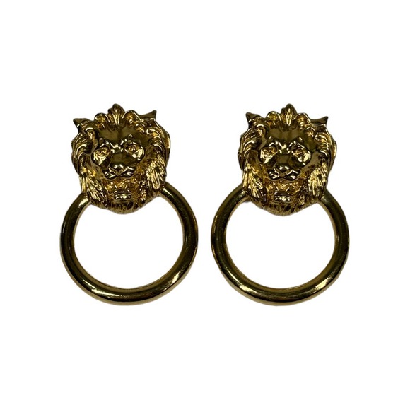 Vintage Jewelry - Vintage Gold Tone Lion Door Knocker Earrings Costume Jewelry Pierced Ear Glam